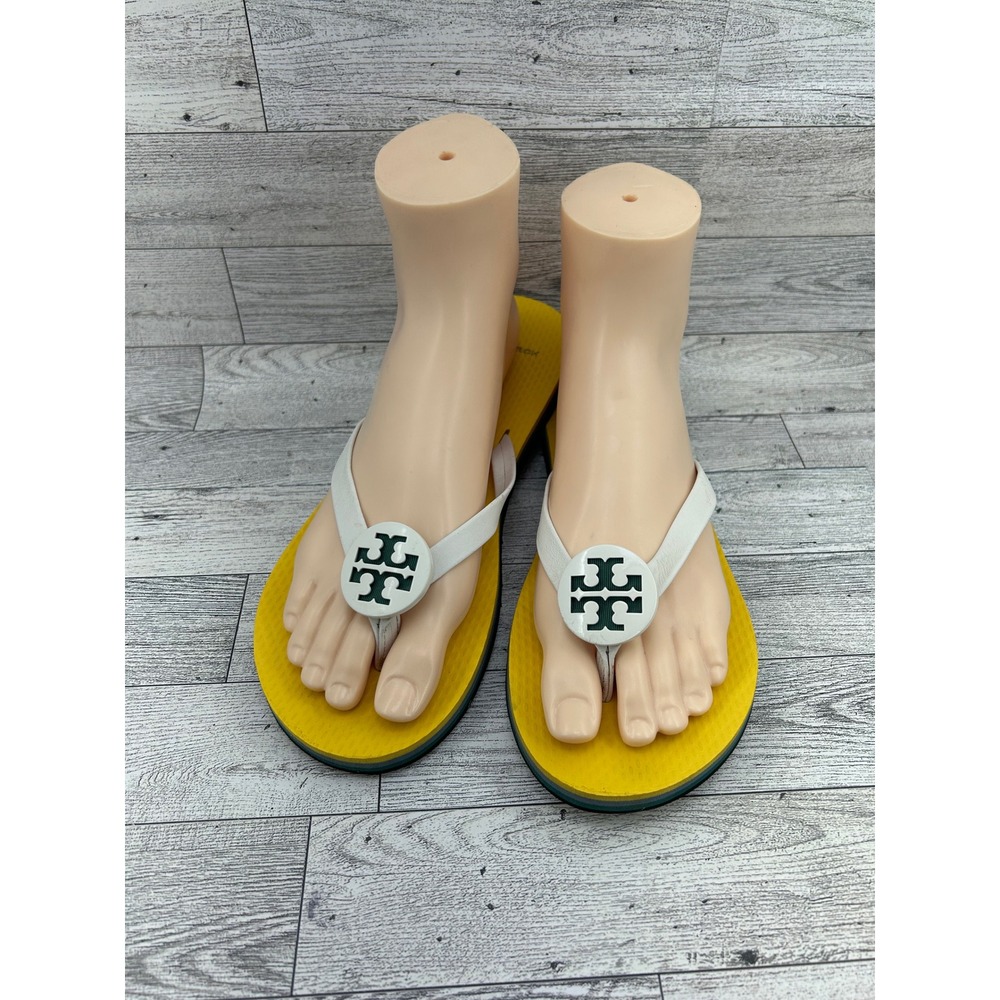 Tory Burch Women Yellow White Green Logo Medallion Flip Flop Sandals Size 8